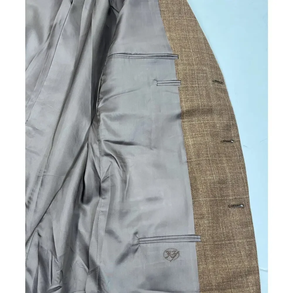 Hickey Freeman Mens Silk Linen Wool Plaid Blazer 44L Brown Sport Coat Jacket